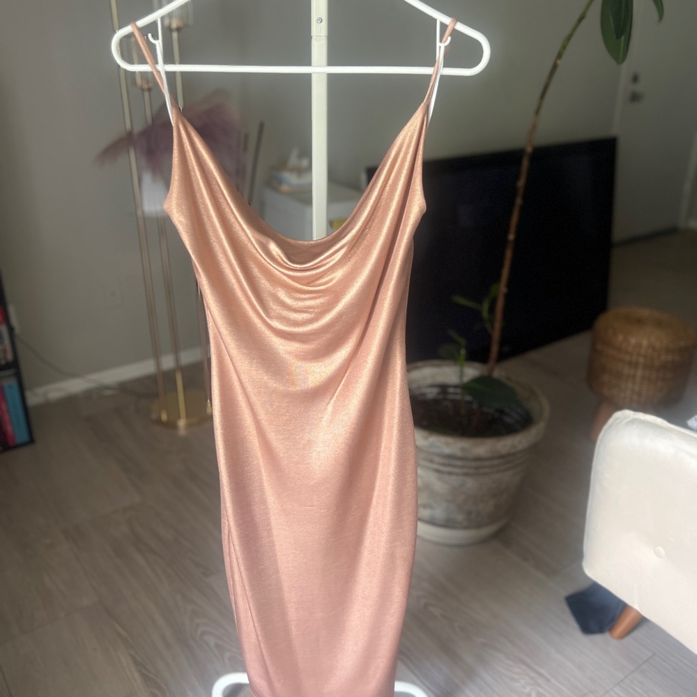 GUESS Bronze Metallic Cowl Neck Bodycon Dress – Size S
